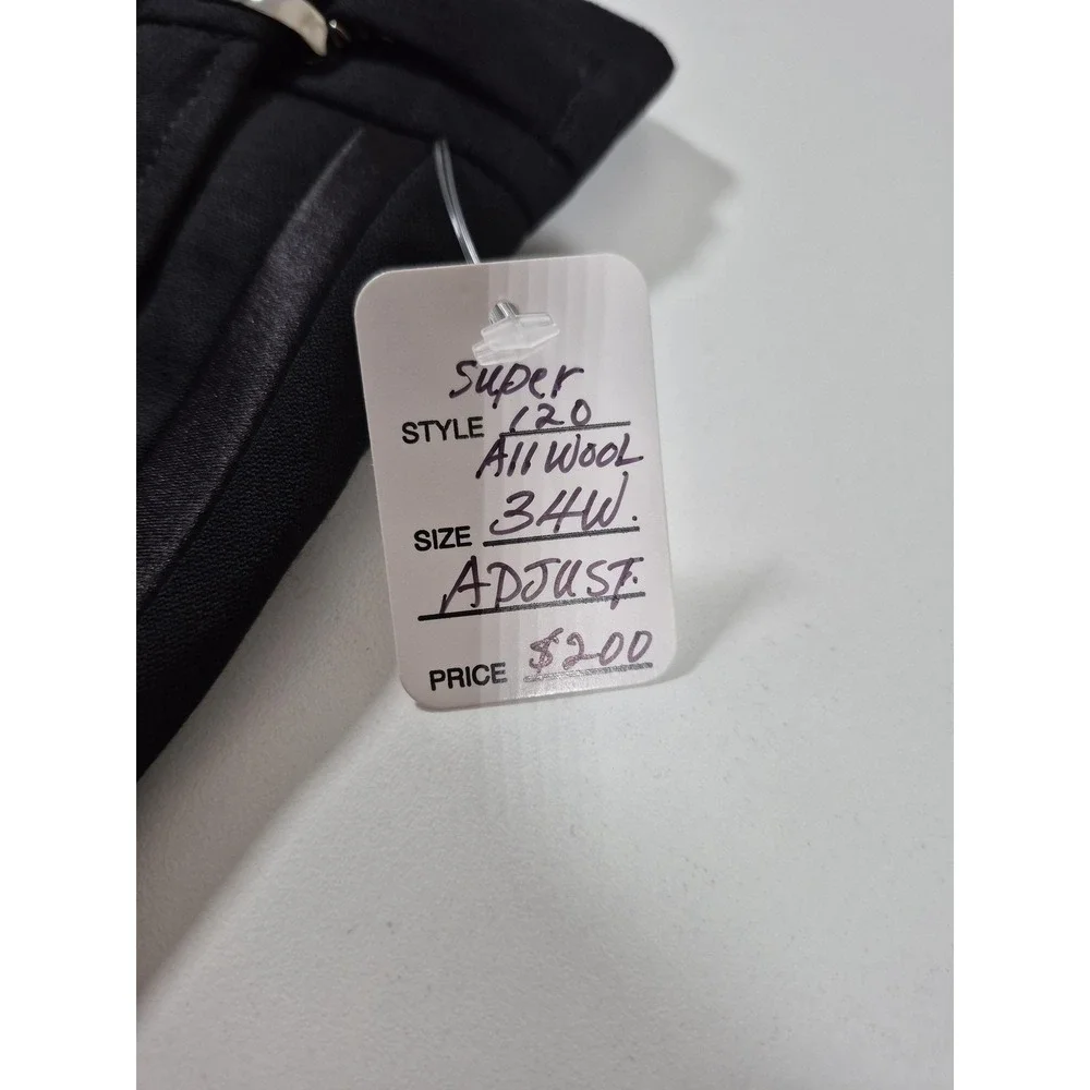 Dress Pants Mens 34x36 Black Super 120 Wool Flat Front Adjustable Waist Unhemmed